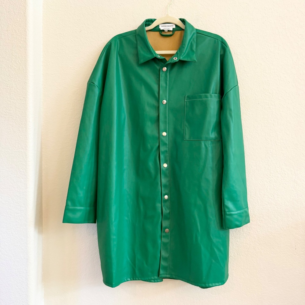 Native Youth Green Faux Leather Oversized Shacket Shirt Jacket Women Size 18